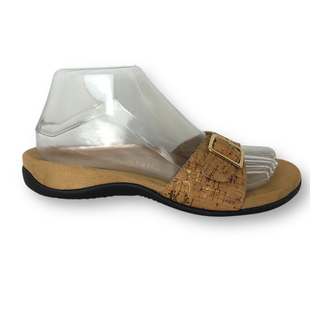 Vionic Santos Women’s Slide Sandals Single Cork Strap Gold Tone Buckle Size 7
